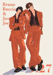  2girls battle_tendency birthday black_hair bob_cut brown_hair bruno_bucciarati collared_shirt formal_clothes happy_birthday highres jacket jojo_no_kimyou_na_bouken joseph_joestar joseph_joestar_(young) male_focus messy_hair multiple_girls necktie pant_suit pants quuuuuta_mago shirt smile spiky_hair suit suit_jacket sunglasses vento_aureo 