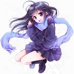  1girl black_hair jacket long_hair noki_(potekoro) original scarf simple_background skirt smile solo sweater violet_eyes white_background 
