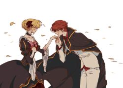  1boy 1girl absurdres beatrice_(umineko) black_cape black_dress blonde_hair blue_eyes blush bow bowing braid braided_bun cape choker closed_eyes collarbone commentary_request couple cross dress falling_leaves from_side front_bow gothic_lolita hair_bow hair_bun highres holding_hands kiss kissing_hand korean_commentary leaf lolita_fashion mikjiiii open_mouth pants pink_bow puffy_sleeves red_hair red_shirt shirt short_hair simple_background sketch smile suit surprised sweatdrop umineko_no_naku_koro_ni ushiromiya_battler vest white_background white_pants white_suit white_vest wide_sleeves 