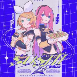  2girls absurdres aqua_eyes bare_shoulders belt black_sailor_collar black_shirt black_shorts black_sleeves blonde_hair blue_eyes bow breasts closed_mouth commentary_request cropped_legs detached_sleeves food hair_bow hair_ornament hairband hairclip highres holding holding_food kagamine_rin long_hair looking_at_another makizushi manmes_214 medium_breasts megurine_luka midriff multiple_girls navel neckerchief number_tattoo parallel_hairclips pink_hair sailor_collar shirt short_hair shorts sleeveless sleeveless_shirt small_breasts sushi tattoo treble_clef vocaloid white_bow white_shirt yellow_belt yellow_neckerchief yellow_trim 