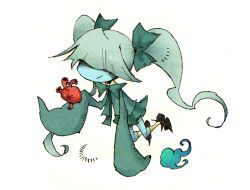  1girl aqua_bow aqua_bowtie aqua_hair aqua_skirt black_shoes blue_skin bow bowtie colored_skin commentary_request full_body ghost ghost_girl hair_bow hair_over_eyes heart_(organ) holding holding_heart_(organ) kari_(mari-kari) lowres mari-kari shoes simple_background skirt sleeves_past_fingers sleeves_past_wrists smile socks solo toon_(style) white_background yamada9000 yellow_collar yellow_socks 