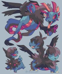  artist_name black_fur black_sclera blue_fur chocodiley claws colored_sclera covered_eyes deino_(pokemon) evolutionary_line fangs grey_background hydreigon multiple_heads no_humans open_mouth pokemon pokemon_(creature) red_eyes simple_background tail tongue tongue_out two-tone_fur zweilous 