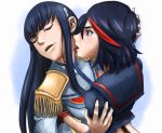  2girls black_hair blue_eyes epaulettes eyebrows junketsu kill_la_kill kiryuuin_satsuki licking long_hair matoi_ryuuko multiple_girls senketsu short_hair yuri 