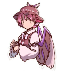  1girl animal_ears bird_ears bird_wings bow bowtie brown_dress brown_eyes brown_hat collared_shirt commentary_request dress hat long_sleeves looking_at_viewer lowres mystia_lorelei pinafore_dress pink_hair rangycrow shirt simple_background sleeveless sleeveless_dress solo touhou upper_body white_background white_bow white_bowtie white_shirt winged_hat wings 
