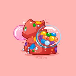 artist_name blowing_bubble_gum bulbasaur candy candy_dispenser chewing_gum colorful english_commentary food food-themed_creature from_behind gumball no_humans oddarette on_ground pink_background pokemon pokemon_(creature) pokemon_focus saturated simple_background sparkle spots sweets 
