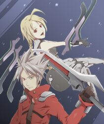  1boy 1girl ahoge blazblue blonde_hair heterochromia lambda-11 mal_(pixiv) mecha_musume ragna_the_bloodedge red_eyes silver_hair sword weapon 