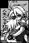  1girl ahoge blazblue bodysuit cape doll eyepatch hug lowres monochrome nu-13 ragna_the_bloodedge 