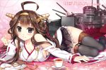  1girl ahoge bare_shoulders blush boots breasts brown_hair cleavage cup detached_sleeves double_bun fujima_takuya hair_ornament hairband headgear japanese_clothes kantai_collection kongou_(kantai_collection) long_hair looking_at_viewer nontraditional_miko personification pleated_skirt skirt smile solo tea teacup thigh_boots thighhighs zettai_ryouiki 