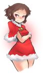  1girl arceonn bare_legs bell blush brown_hair capelet christmas cropped_legs dress fur_trim hyouka ibara_mayaka red_dress red_eyes short_hair small_breasts solo 
