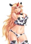  1girl animal_costume animal_ears bell blonde_hair blush breasts collar covering covering_breasts cow_costume cow_ears fang highres horn hoshiguma_yuugi katwu large_breasts long_hair navel panties red_eyes solo thighhighs touhou underwear very_long_hair 