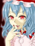  1girl aura blood_on_fingers blue_hair bust dress face finger_licking highres licking looking_at_viewer open_mouth red_background red_eyes remilia_scarlet short_hair short_sleeves slit_pupils solo touhou yuukyan_(ucan85) 