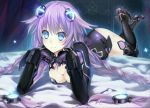  1girl asskiler black_legwear blue_eyes bodysuit boots braid breasts choujigen_game_neptune cleavage crossed_legs_(lying) full_body hair_ornament long_hair lying on_stomach purple_hair purple_heart smile solo texture thigh_boots thighhighs twin_braids 