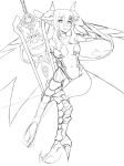  1girl boots breasts center_opening choker cleavage demon_girl demon_horns detached_sleeves fearless_night hell_princess high_heel_boots highres horns knee_boots monochrome navel pigeon-toed pointy_ears sketch smile spikewible sword weapon wings 
