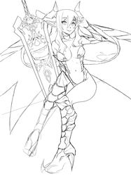  1girl boots breasts center_opening choker cleavage demon_girl demon_horns detached_sleeves fearless_night hell_princess high_heel_boots highres horns knee_boots monochrome navel pigeon-toed pointy_ears sketch smile spikewible sword weapon wings 