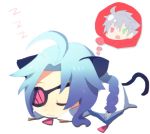  1girl ahoge animal_ears blazblue bodysuit cape cat_ears cat_tail eyepatch nu-13 ragna_the_bloodedge silver_hair sleeping tail 