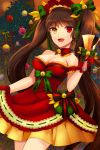  1girl anje bare_shoulders bell breasts brown_hair christmas cleavage detached_collar gloves hair_ribbon heterochromia highres long_hair open_mouth red_eyes ribbon smile solo sword_girls twintails yellow_eyes 