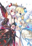  2girls black_wings blonde_hair blue_eyes blush breast_press breasts faulds hair_ornament heart heart_hands heart_hands_duo hong_(white_spider) interlocked_fingers long_hair looking_at_viewer multiple_girls open_mouth puzzle_&amp;_dragons red_eyes silver_hair smile symmetrical_docking tiara valkyrie_(p&amp;d) vambraces very_long_hair white_wings wings 