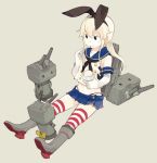  1girl :3 blonde_hair blue_eyes boots bow elbow_gloves food glider_(artist) gloves hair_bow hair_ribbon ice_cream kantai_collection long_hair personification rensouhou-chan ribbon sailor_collar shimakaze_(kantai_collection) simple_background sitting skirt smile spoon striped striped_legwear thigh-highs zettai_ryouiki |_| 