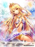  1girl armband blonde_hair blush bracelet breasts dress ells fairy hair_flip jewelry large_breasts long_hair navel necklace official_art partially_submerged smile solo sousei_ragnavein thigh_strap tiara underboob very_long_hair yellow_eyes 