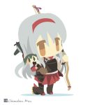  2girls bow_(weapon) brown_eyes chameleon_man_(three) chibi green_eyes green_hair hairband hug kantai_collection long_hair multiple_girls short_hair shoukaku_(kantai_collection) silver_hair twintails weapon zuikaku_(kantai_collection) 