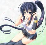  1girl black_eyes black_hair blush headphones jewelry long_hair necklace original parted_lips ponytail skywaker solo thighhighs 