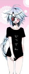  1girl ahoge alternate_costume blazblue blush eyepatch ishitsuki_merokoa nu-13 shirt_only silver_hair smile t-shirt 