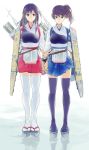  2girls akagi_(kantai_collection) arrow black_hair brown_eyes brown_hair gloves highres holding_hands japanese_clothes kaga_(kantai_collection) kantai_collection long_hair looking_at_viewer multiple_girls nakatani personification sandals side_ponytail simple_background standing_on_water thighhighs zettai_ryouiki 