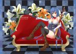  1girl alternate_costume bare_shoulders black_legwear blue_hair boots breasts character_name copyright_name flower gmot hat hat_ribbon hinanawi_tenshi long_hair red_eyes ribbon scarlet_weather_rhapsody sheath sheathed sitting solo sword thighhighs touhou very_long_hair weapon 
