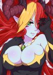  1girl bare_shoulders blue_skin blush breasts bust cleavage demon_girl elbow_gloves gloves green_eyes hair_over_one_eye hera_(p&amp;d) horns jewelry large_breasts long_hair looking_at_viewer necklace omaru_gyuunyuu pointy_ears puzzle_&amp;_dragons redhead solo 