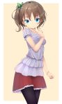  1girl :&lt; blue_eyes bow bracelet brown_hair finger_to_chin hair_bow highres jewelry original pantyhose short_hair side_ponytail skirt solo standing zizi_(zz22) 