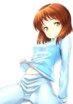  1girl belly_peek brown_eyes brown_hair hagiwara_yukiho idolmaster pants shirt_lift short_hair solo spread_legs zizi_(zz22) 