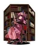  1girl ankle_boots book bookshelf boots bow chair crescent_hair_ornament dress epurasu hair_bow hair_ornament hat hat_ribbon highres index_finger_raised long_hair long_sleeves looking_at_viewer mob_cap open_book patchouli_knowledge payot purple_hair ribbon robe shadow simple_background sitting solo striped striped_dress touhou violet_eyes white_background 