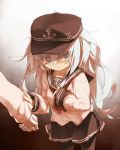  1boy 1girl admiral_(kantai_collection) blue_eyes crying crying_with_eyes_open hat hibiki_(kantai_collection) highres itsukia kantai_collection long_hair looking_at_viewer pantyhose personification pleated_skirt school_uniform serafuku skirt sleeve_tug solo_focus tears 