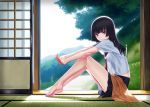  1girl barefoot black_hair blue_eyes legs long_hair original sakamoto_mineji school_uniform serafuku sitting skirt solo tree 