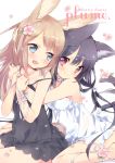  :d animal_ears black_hair blue_eyes blush brown_hair bunny_tail cat_ears cat_tail dress ech flower hair_flower hair_ornament hug hug_from_behind long_hair open_mouth original rabbit_ears red_eyes ribbon smile strap_slip tail 