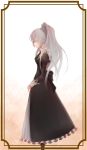  1girl am24 black_dress closed_eyes dress frame gradient gradient_background hanazono_shizuma highres juliet_sleeves long_hair long_sleeves puffy_sleeves school_uniform side silver_hair solo standing strawberry_panic! 