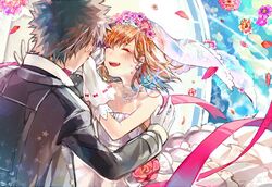  1boy 1girl black_hair bridal_veil bride brown_hair closed_eyes dress flower gloves handkerchief head_wreath kamijou_touma misaka_mikoto nobuyo_(syosyosyon) short_hair spiky_hair tears tiara to_aru_kagaku_no_railgun to_aru_majutsu_no_index tuxedo veil wedding_dress 