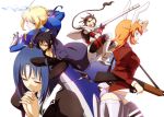  428 5girls alphard anime_coloring armor canaan character_request crossover fate/stay_night fate_(series) fingerless_gloves gloves hands_clasped kisetsu long_coat looking_back multiple_girls rokujou_miyuki saber school_uniform short_hair strawberry_panic! 