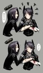  2girls bandages crossed_arms eyepatch fingerless_gloves gloves grey_background hetza_(hellshock) highres injury kantai_collection multiple_girls purple_hair short_hair siblings simple_background sisters smile tatsuta_(kantai_collection) tenryuu_(kantai_collection) translation_request violet_eyes wound yellow_eyes 