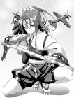  1girl a6m_zero airplane arrow blush bow_(weapon) flat_chest hachimaki hair_ribbon headband high_ponytail japanese_clothes kantai_collection long_hair long_sleeves monochrome motsu1980 muneate personification ponytail ribbon sandals shorts solo squatting weapon wide_sleeves zuihou_(kantai_collection) 