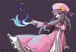  1girl chameleon_man_(three) flame hat long_hair open_mouth patchouli_knowledge purple_hair ribbon touhou violet_eyes 
