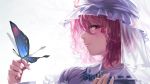  1girl backlighting blue_dress bust butterfly butterfly_on_hand dress face geppewi hat light_smile looking_at_viewer pink_eyes pink_hair profile saigyouji_yuyuko short_hair smile solo touhou triangular_headpiece veil 