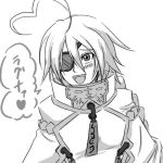  1girl ahoge blazblue cape eyepatch lowres menihanio monochrome nu-13 