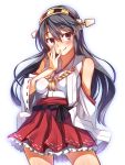  1girl black_hair brown_eyes detached_sleeves hairband haruna_(kantai_collection) highres japanese_clothes kantai_collection long_hair nontraditional_miko personification racer_(magnet) smile solo wide_sleeves 