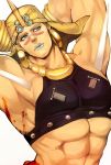  1boy blue_eyes bracer earrings facial_mark hoop_earrings jewelry jojo_no_kimyou_na_bouken lipstick makeup manly monochrome muscle solo tattoo turban wamuu yoku28 