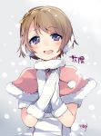  1girl blush brown_hair capelet earmuffs gloves hairband koizumi_hanayo looking_at_viewer love_live!_school_idol_project open_mouth seed_teitoku short_hair smile snow solo violet_eyes white_gloves 