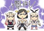  3girls :&lt; :3 anchor bare_shoulders black_hair black_panties blonde_hair bow detached_sleeves elbow_gloves gloves hair_bow hair_ornament hair_ribbon hairband hairclip hase_yu japanese_clothes kantai_collection kirishima_(kantai_collection) long_hair multiple_girls open_mouth panties pantyhose personification ribbon ribbon-trimmed_sleeves school_uniform serafuku shimakaze_(kantai_collection) short_hair striped striped_legwear sunglasses thighhighs translation_request underwear yuudachi_(kantai_collection) 