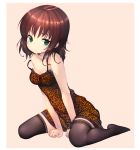  1girl breasts brown_hair dress green_eyes leopard_print long_hair original sitting solo strap_slip thighhighs wariza zettai_ryouiki zizi_(zz22) 