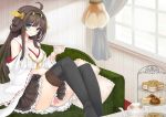  1girl ahoge blue_eyes blush boots breasts brown_hair cleavage couch cup detached_sleeves hairband japanese_clothes kantai_collection kongou_(kantai_collection) long_hair looking_at_viewer nontraditional_miko panties pantyshot pantyshot_(sitting) plate sitting skirt smile solo teacup teapot thigh_boots thighhighs underwear utakata_(kochou_no_yume) white_panties zettai_ryouiki 