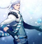  1boy bubble caesar_anthonio_zeppeli facial_mark feathers fingerless_gloves gloves hair_feathers headband jacket jojo_no_kimyou_na_bouken lipstick makeup snowflakes solo white_hair white_jacket yoku28 